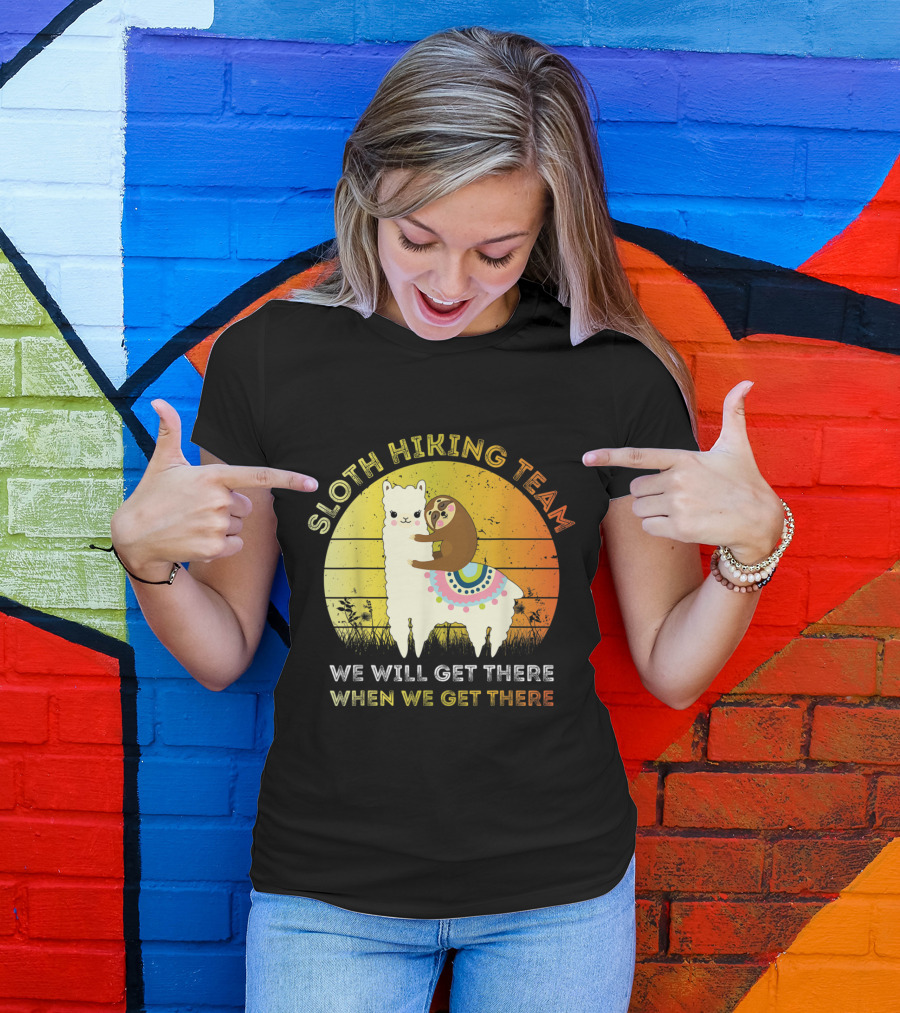 Sloth Hiking Team We Will Get There When We Get There Llama Sunset T-Shirt
