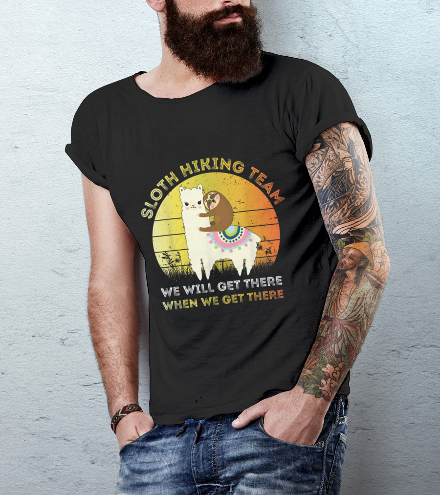 Sloth Hiking Team We Will Get There When We Get There Llama Sunset T-Shirt