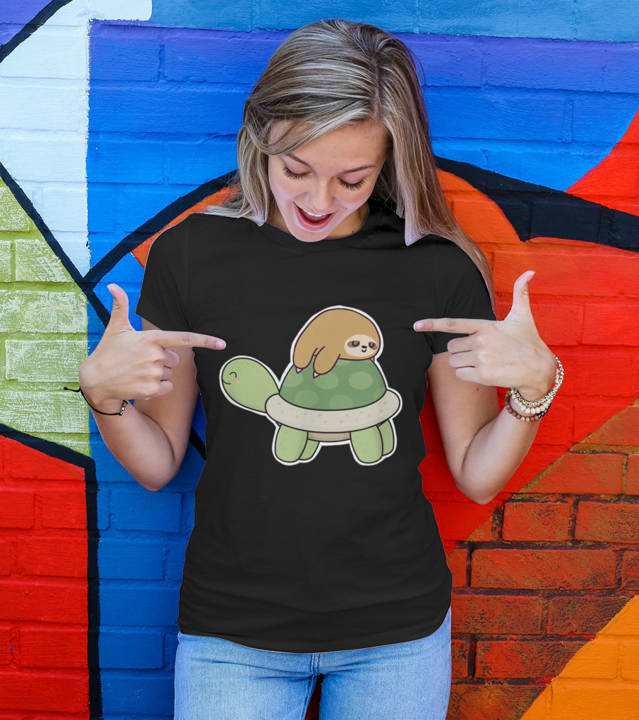Sloth On Turtle Cute Cartoon Yoga Pose T-Shirt