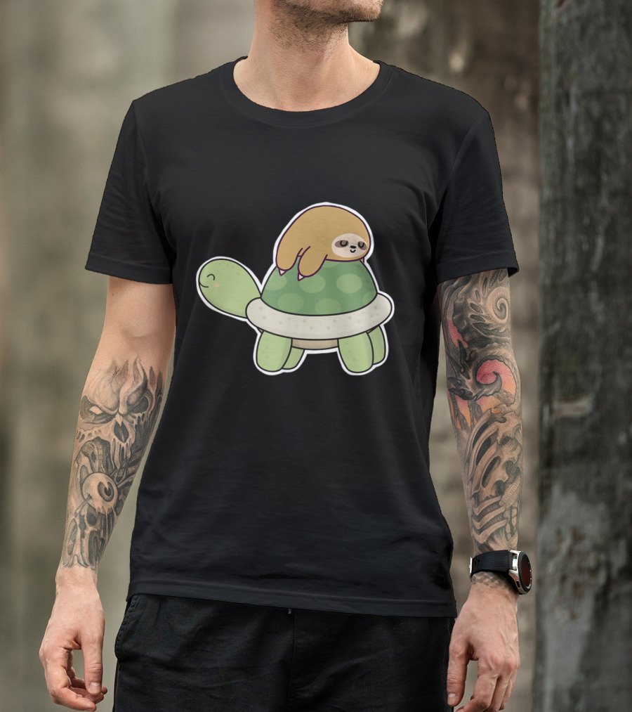 Sloth On Turtle Cute Cartoon Yoga Pose T-Shirt