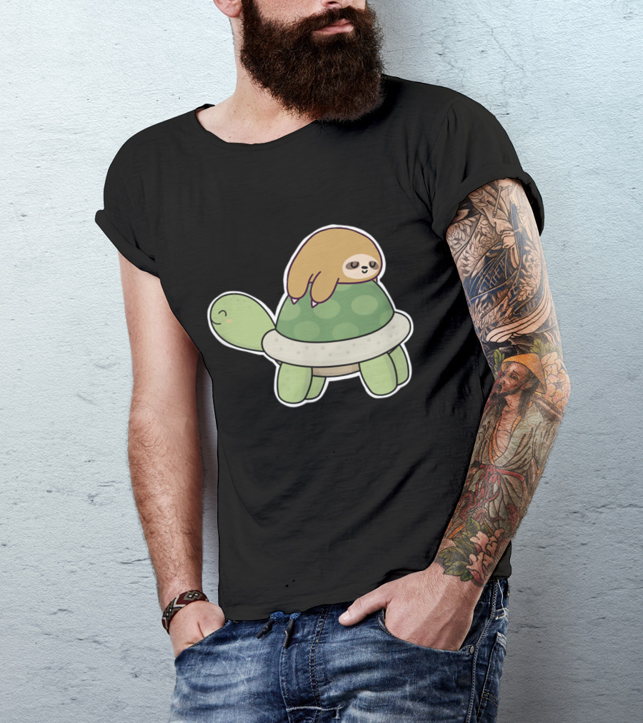Sloth On Turtle Cute Cartoon Yoga Pose T-Shirt