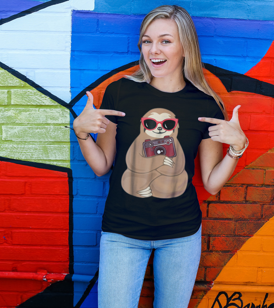 Sloth With Red Sunglasses Holding Retro Camera T-Shirt