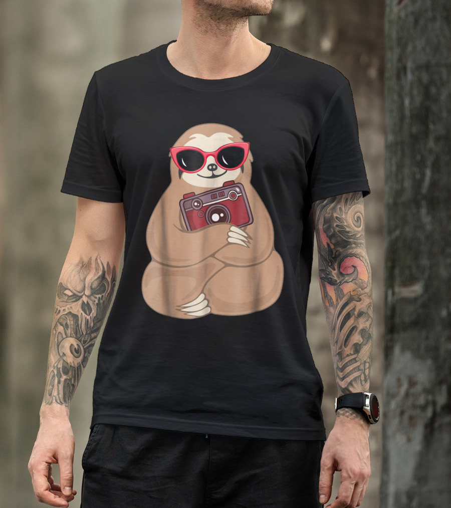 Sloth With Red Sunglasses Holding Retro Camera T-Shirt