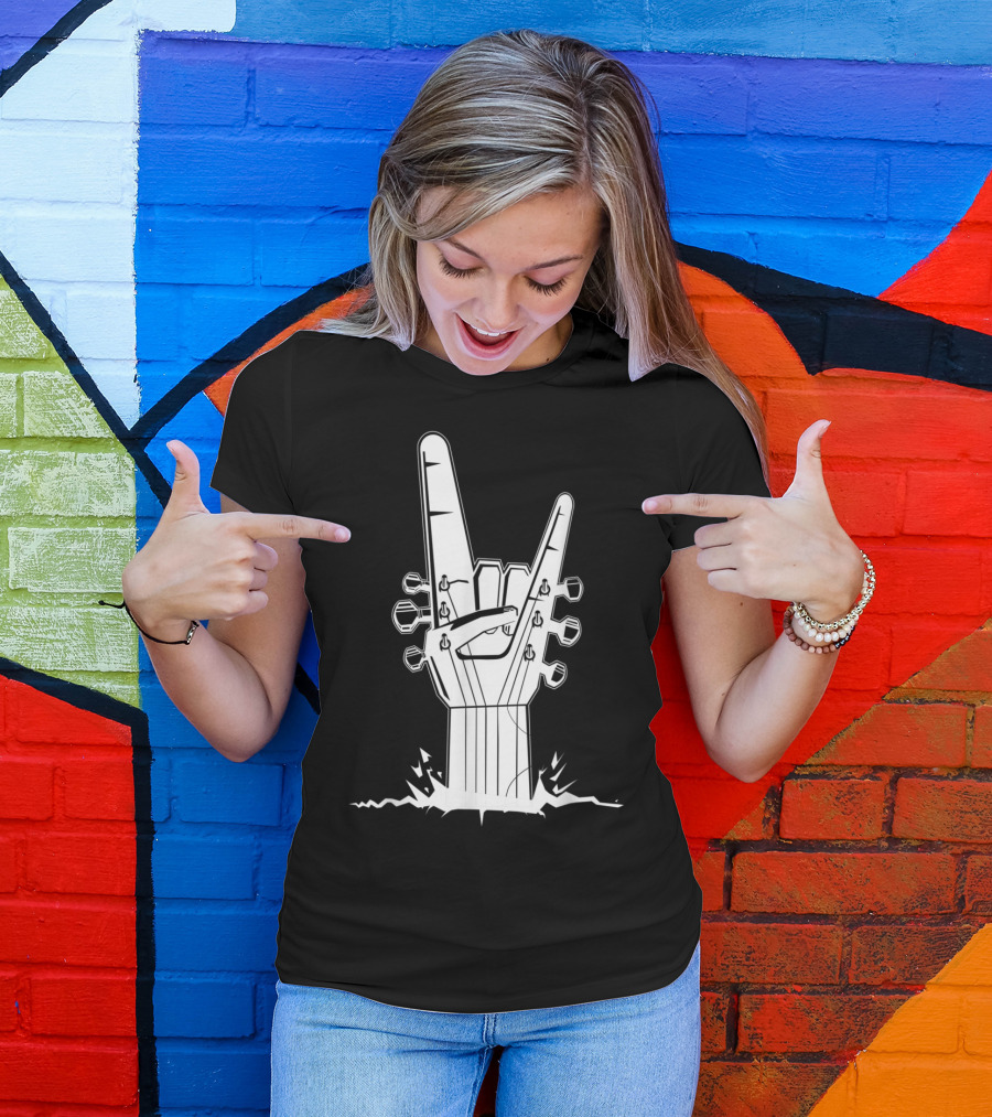 Rock Guitar Hand Gesture With Guitar Headstock T-Shirt