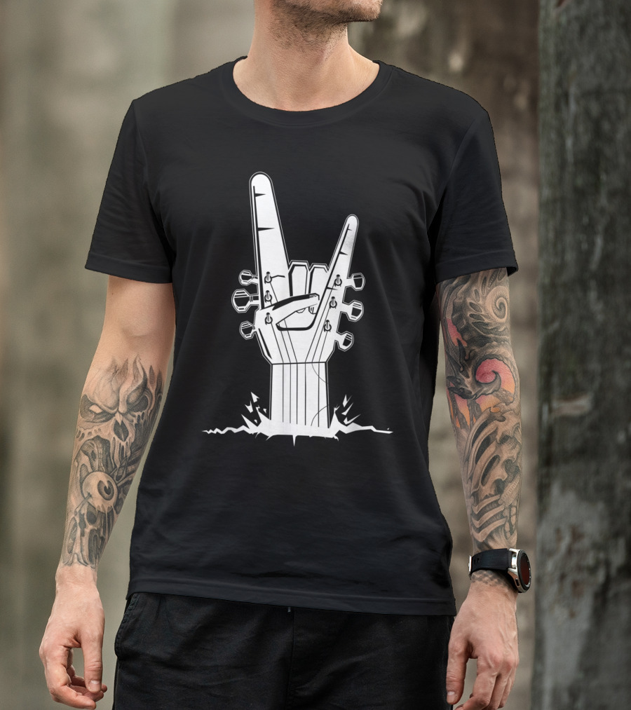 Rock Guitar Hand Gesture With Guitar Headstock T-Shirt