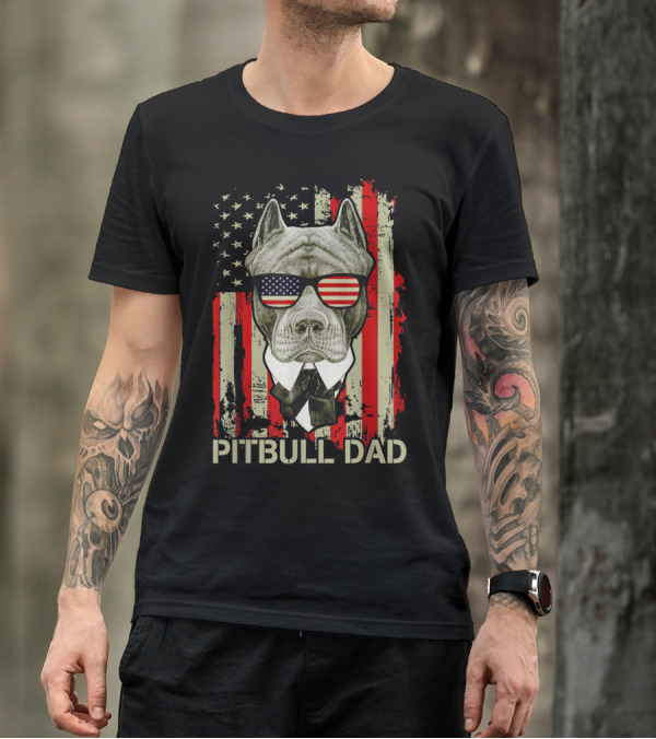 Pitbull Dad Patriotic American Flag Sunglasses Fourth Of July T-Shirt