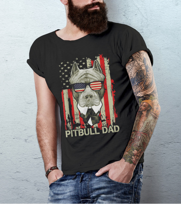 Pitbull Dad Patriotic American Flag Sunglasses Fourth Of July T-Shirt