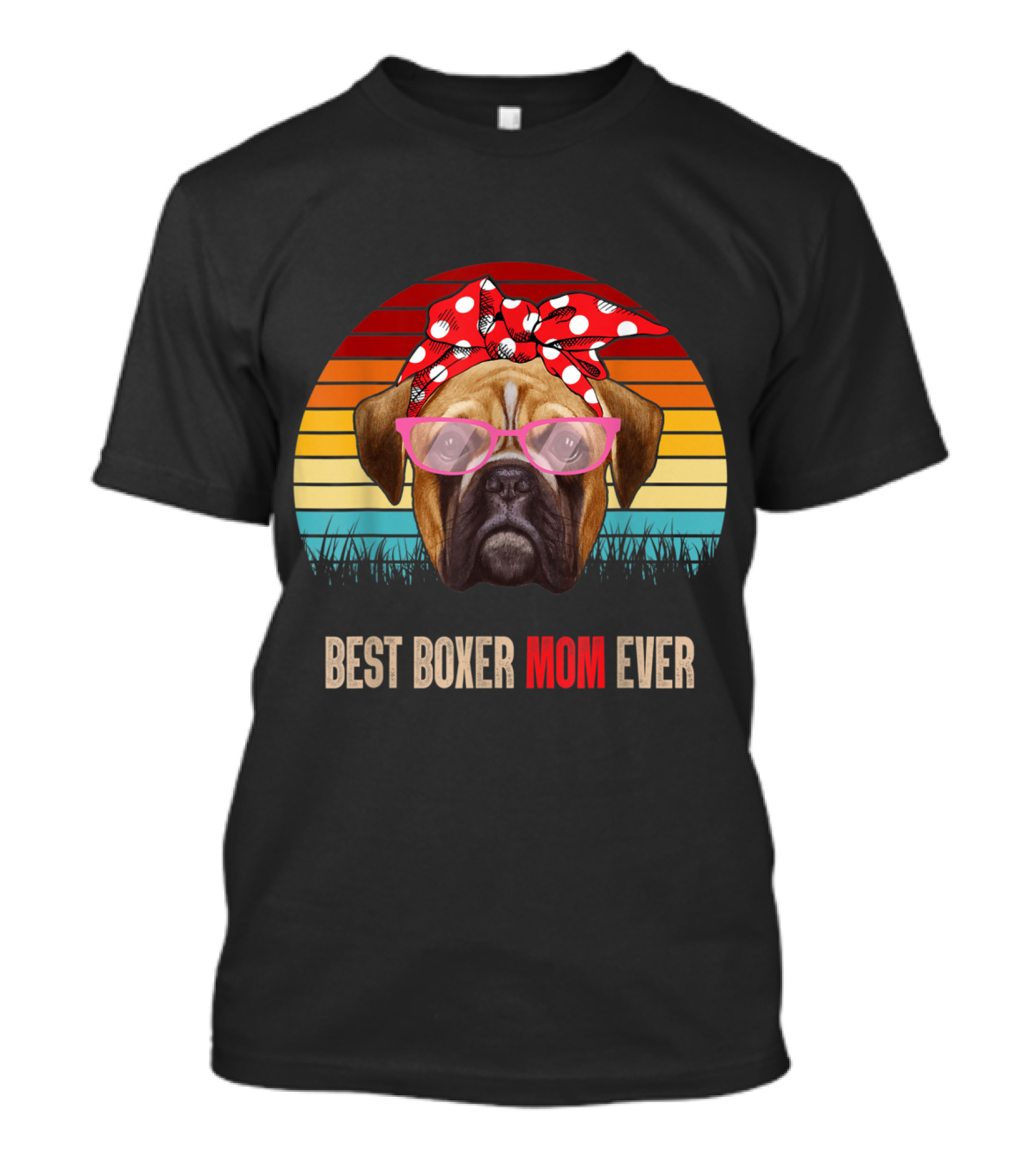Best Boxer Mom Ever Vintage Style Dog With Glasses And Polka Dot Bow Retro Sunset T-Shirt