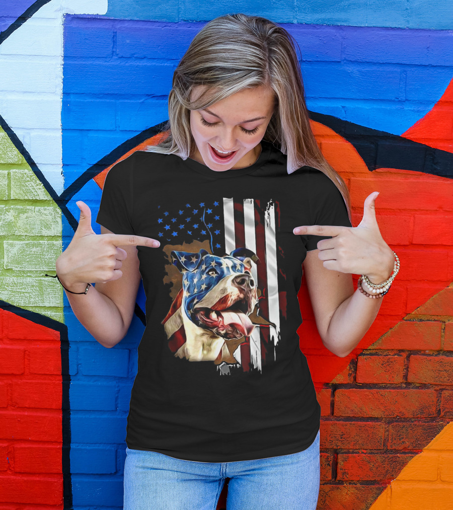 Pitbull Dog With American Flag Face On 4th Of July Independence Day T-Shirt