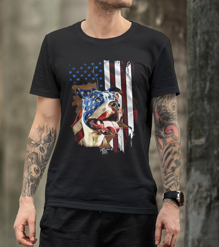 Pitbull Dog With American Flag Face On 4th Of July Independence Day T-Shirt