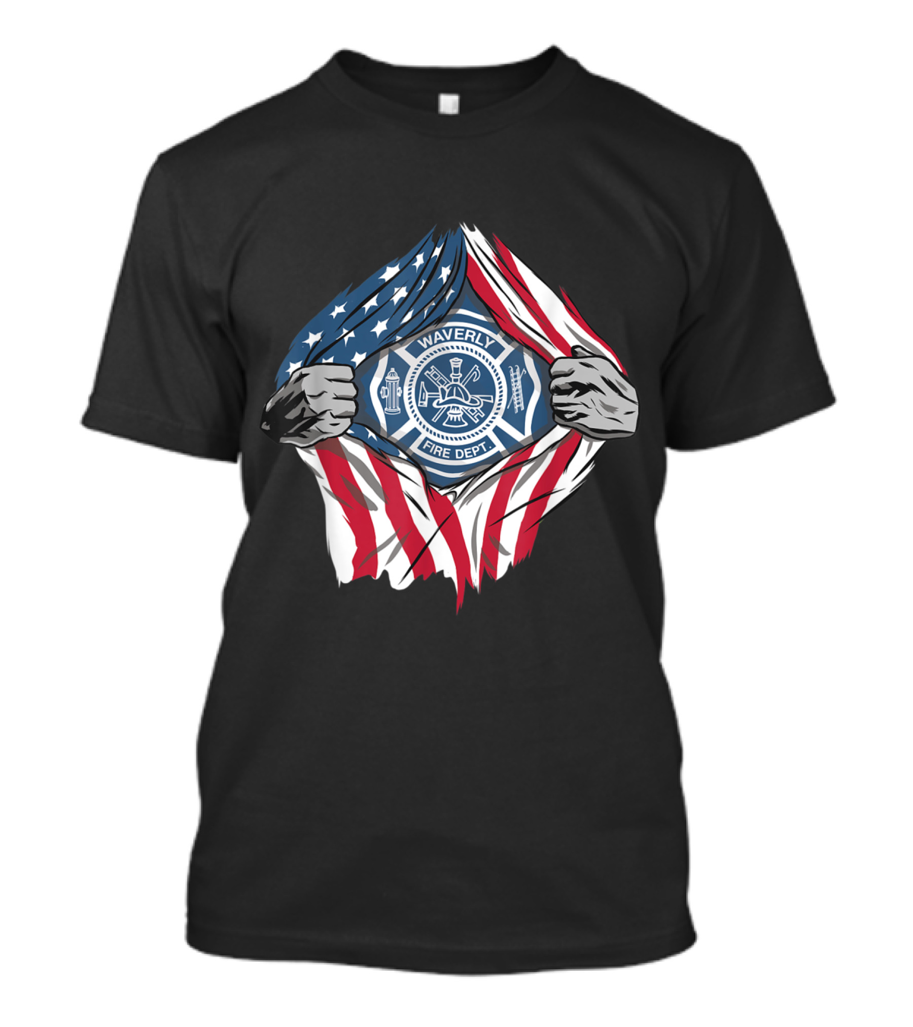 Waverly Fire Dept American Flag Superhero Firefighter T-Shirt