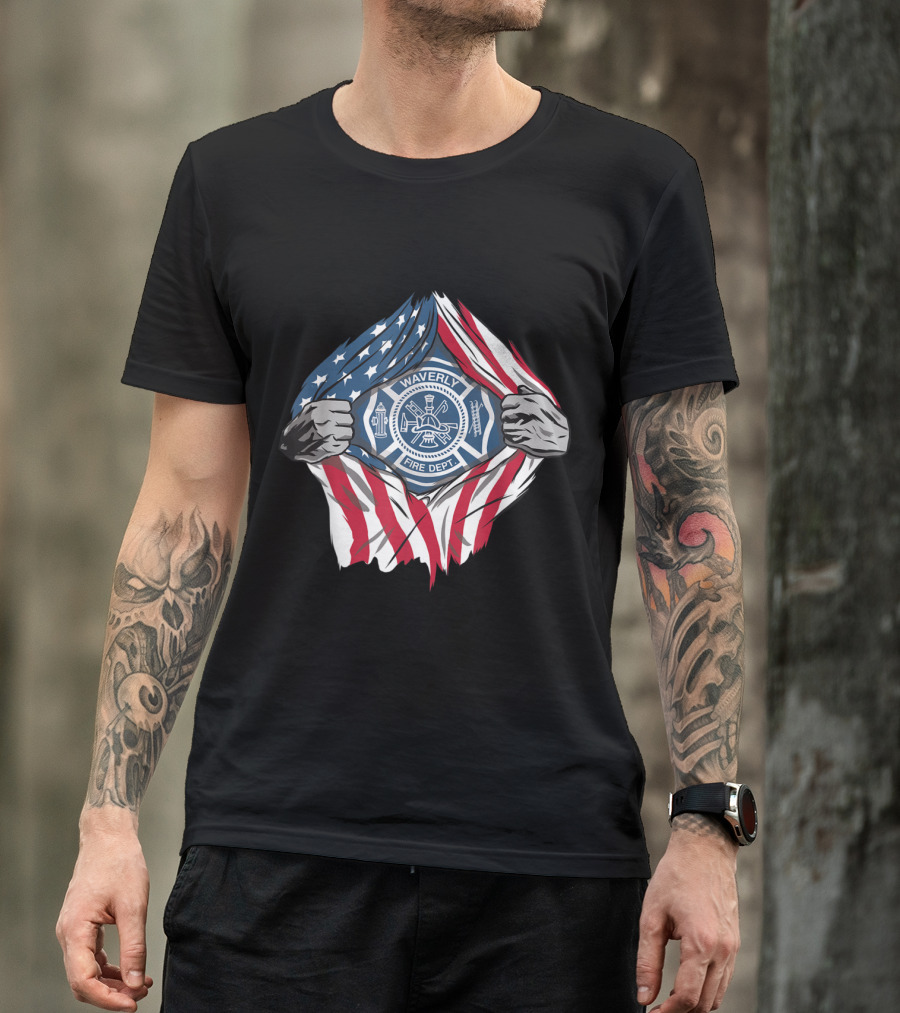 Waverly Fire Dept American Flag Superhero Firefighter T-Shirt