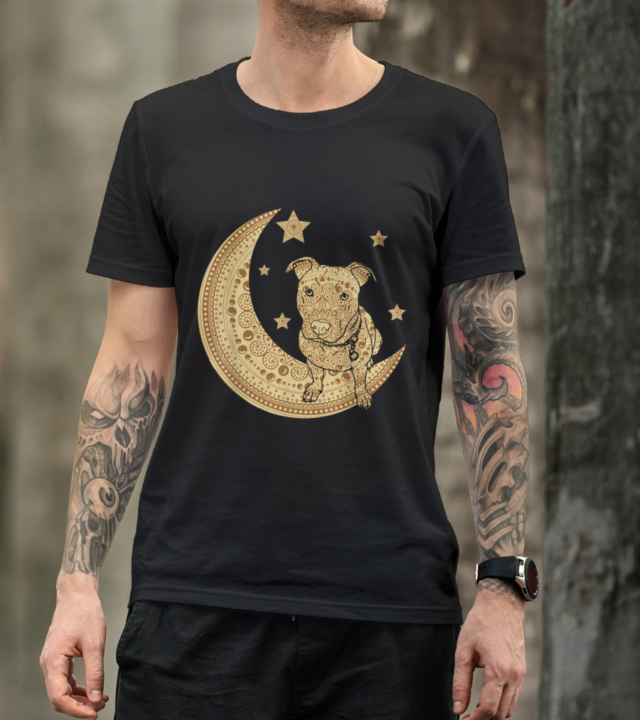 Pitbull Dog Mom Crescent Moon And Stars Mandala Meditation T-Shirt