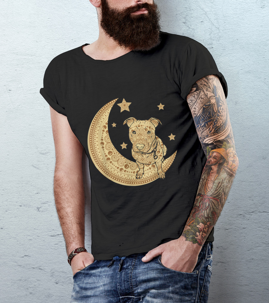 Pitbull Dog Mom Crescent Moon And Stars Mandala Meditation T-Shirt