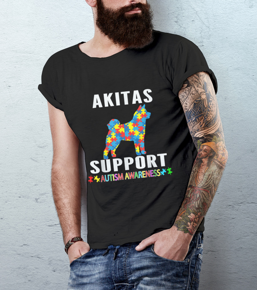 Akitas Support Autism Awareness Puzzle Pattern Dog T-Shirt