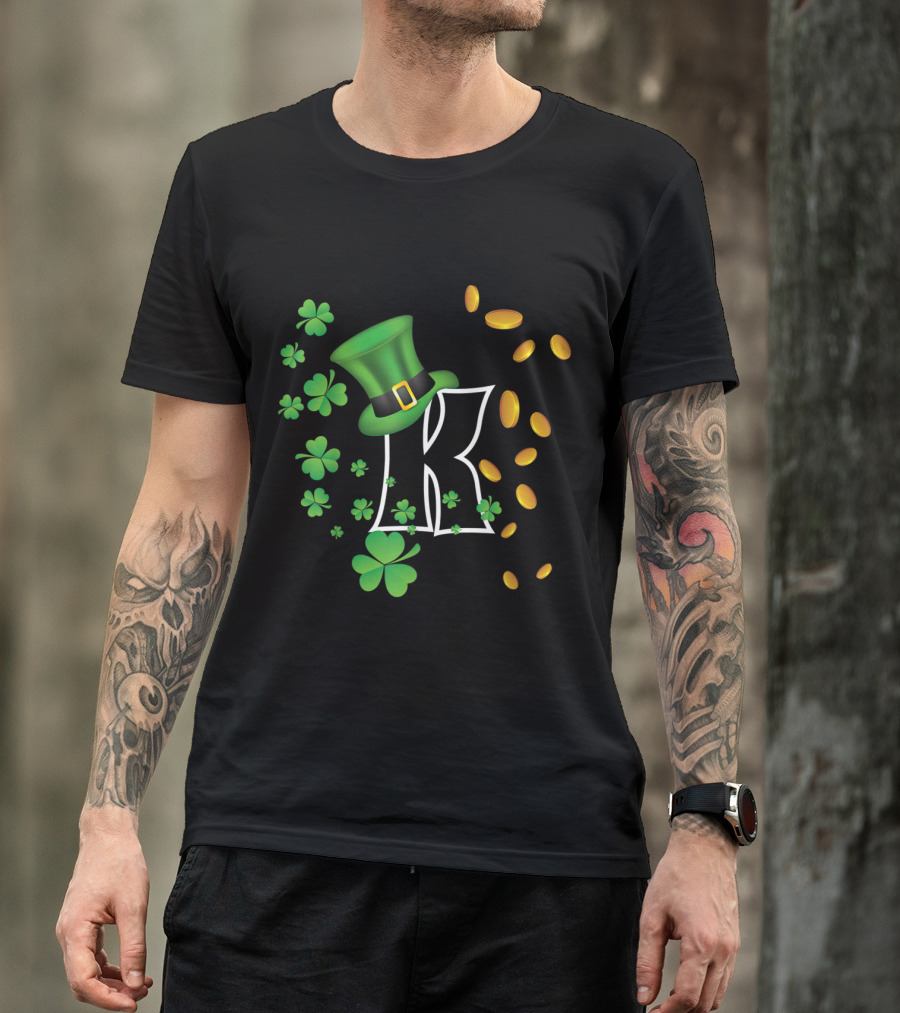 K Letter With Lucky Irish Shamrocks Green Hat And Gold Coins T-Shirt