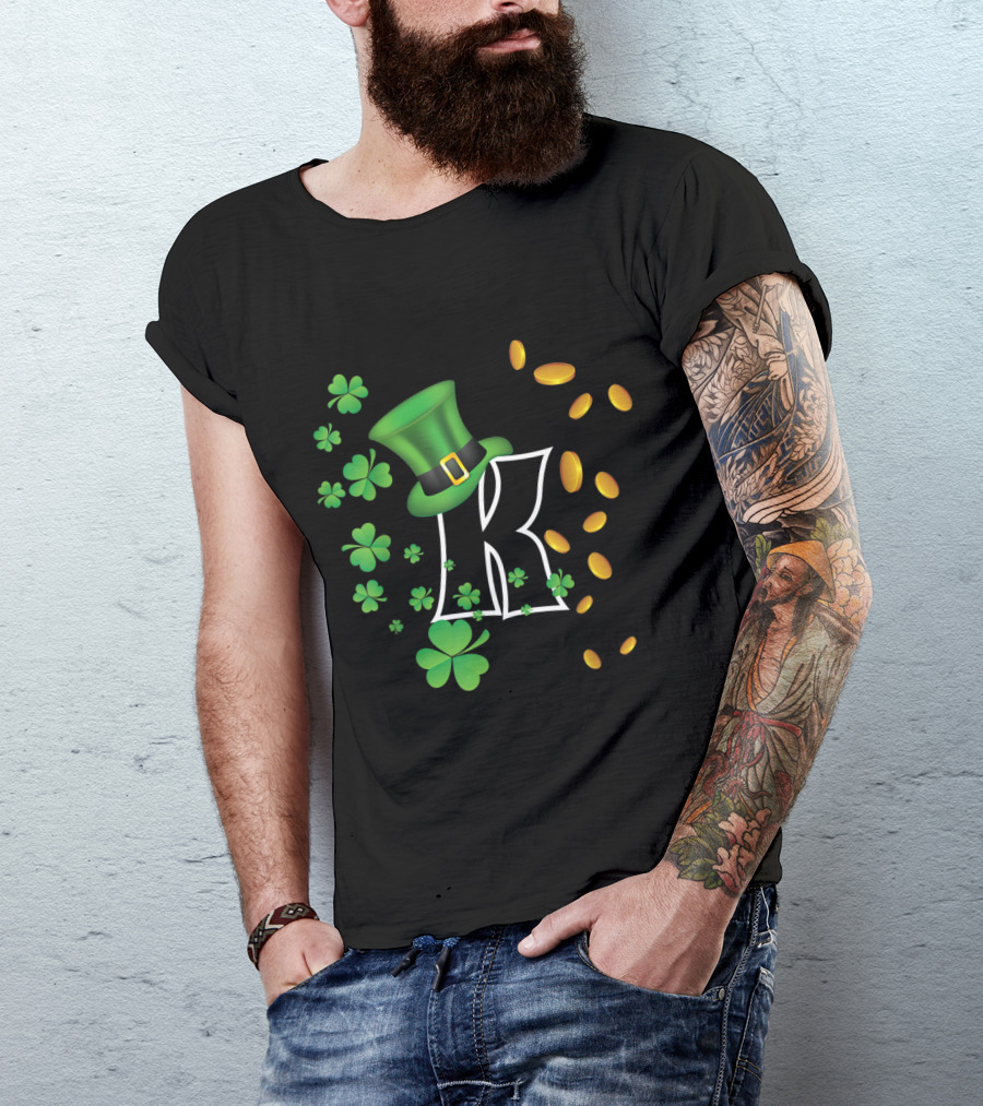 K Letter With Lucky Irish Shamrocks Green Hat And Gold Coins T-Shirt