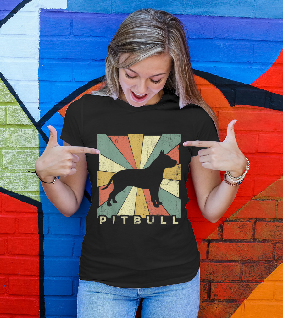 Pitbull Retro 70s Vintage Silhouette With Colorful Rays T-Shirt