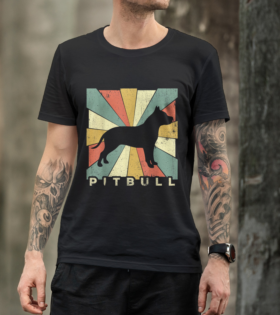 Pitbull Retro 70s Vintage Silhouette With Colorful Rays T-Shirt