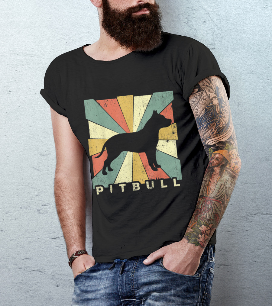 Pitbull Retro 70s Vintage Silhouette With Colorful Rays T-Shirt