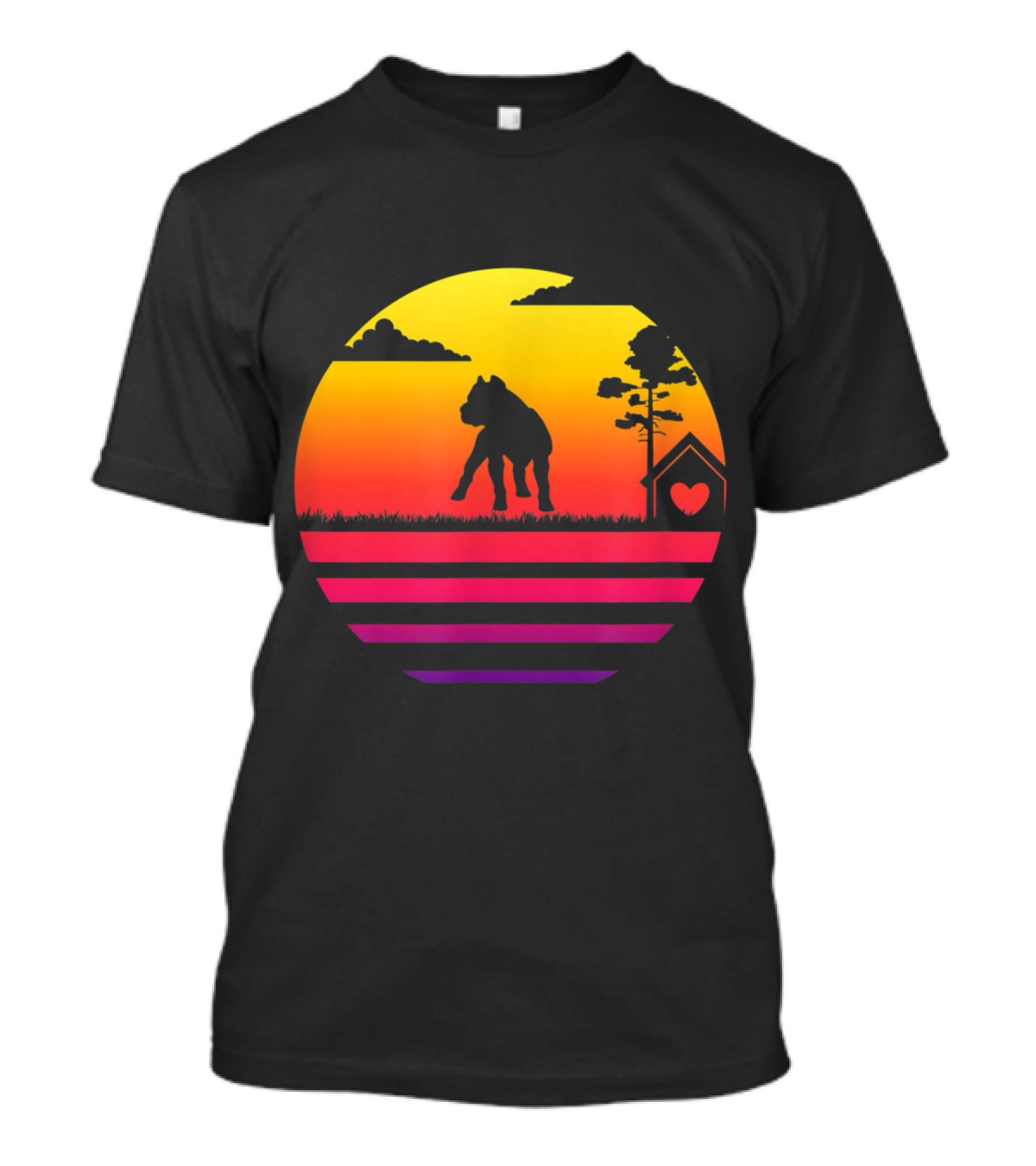 Pitbull Dog Vintage Sunset Silhouette With Doghouse And Heart T-Shirt