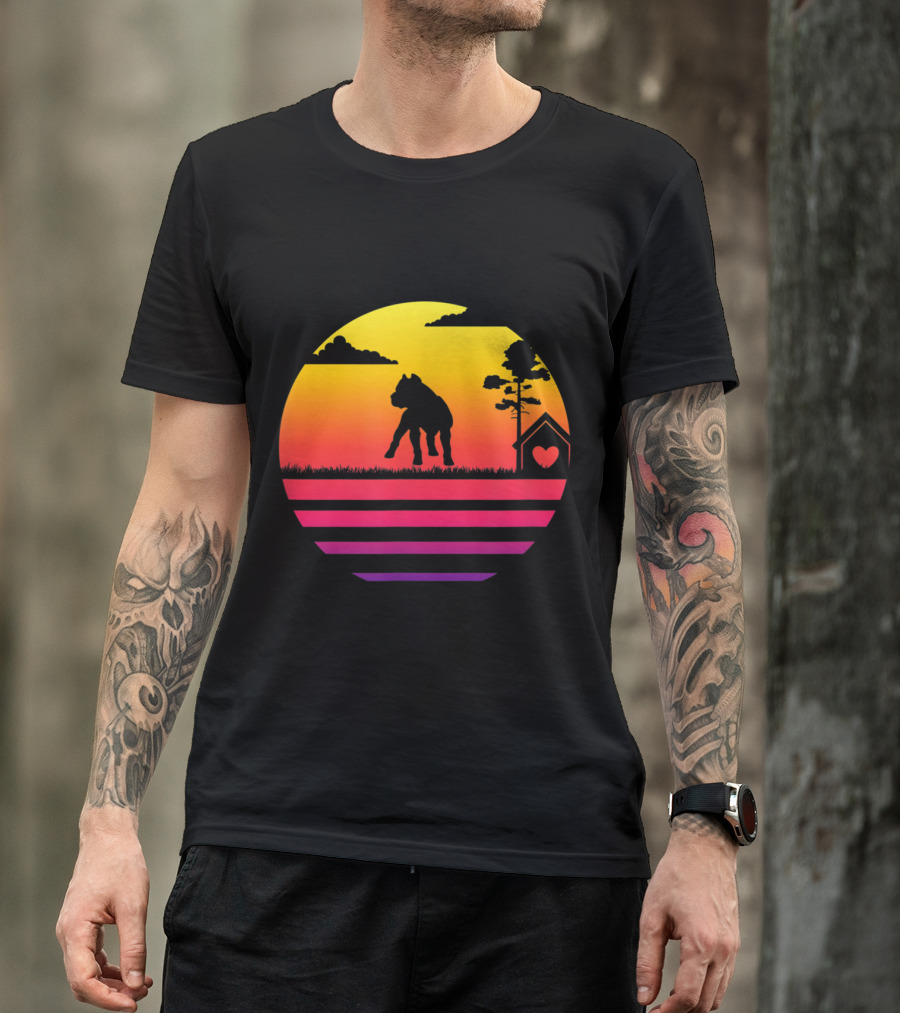 Pitbull Dog Vintage Sunset Silhouette With Doghouse And Heart T-Shirt