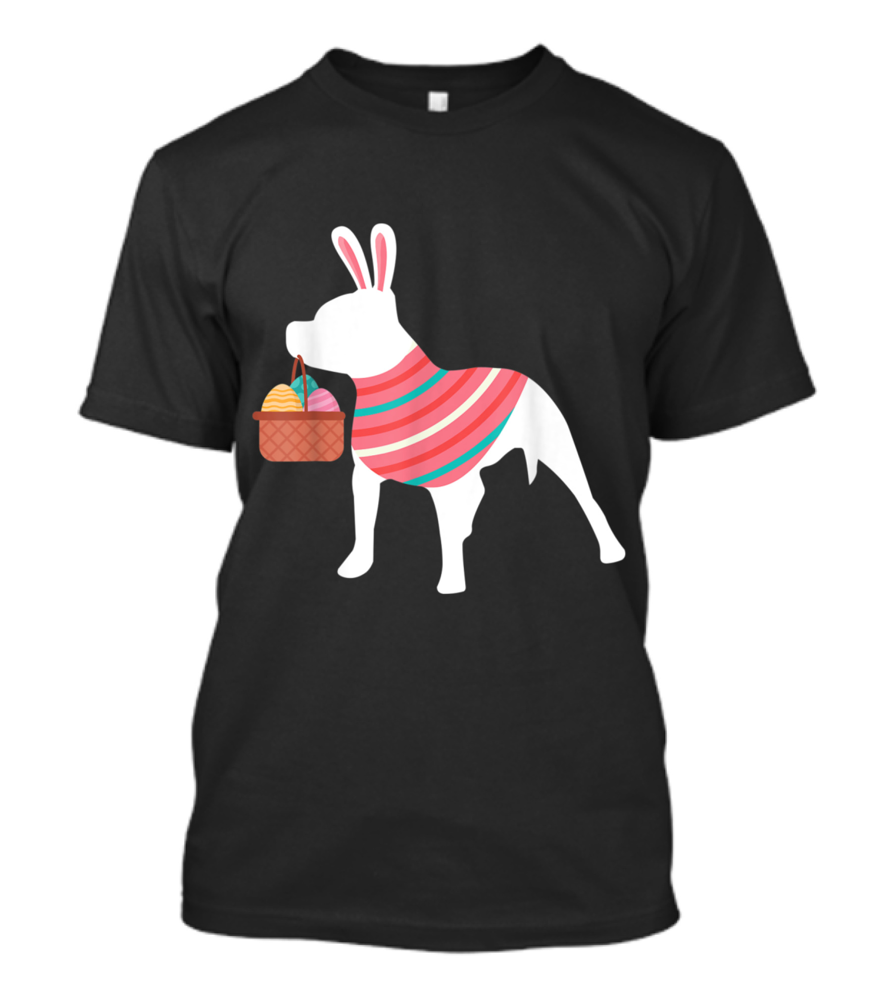 Pitbull Easter Bunny With Egg Basket And Pastel Stripes T-Shirt