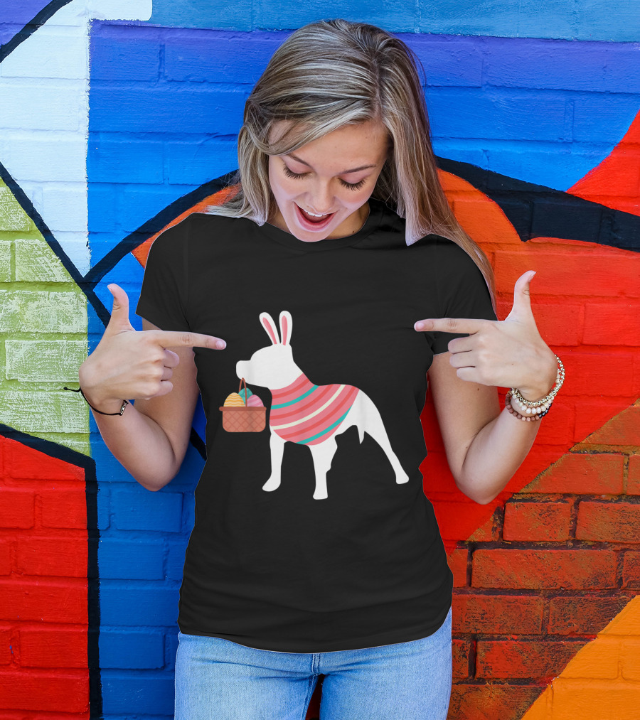 Pitbull Easter Bunny With Egg Basket And Pastel Stripes T-Shirt