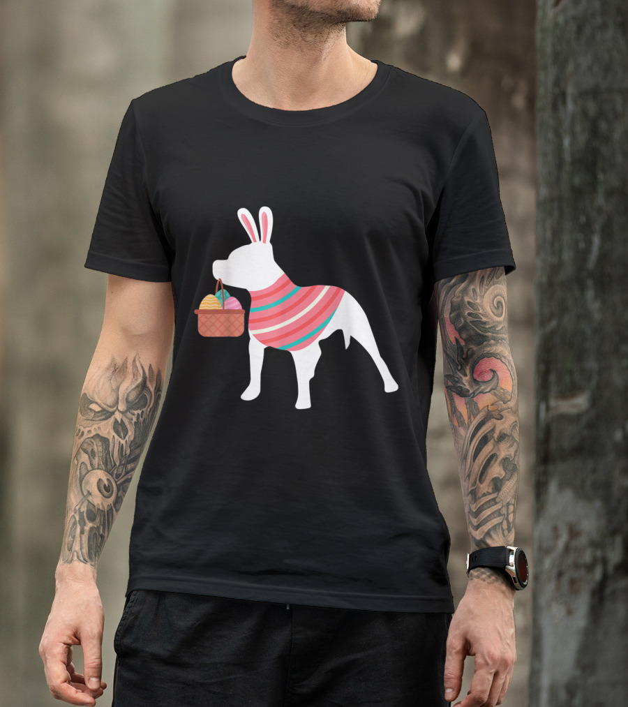Pitbull Easter Bunny With Egg Basket And Pastel Stripes T-Shirt