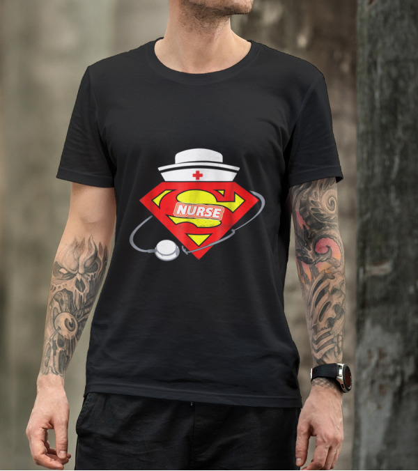 Nurse Superhero Emblem With Nurse Hat And Stethoscope T-Shirt