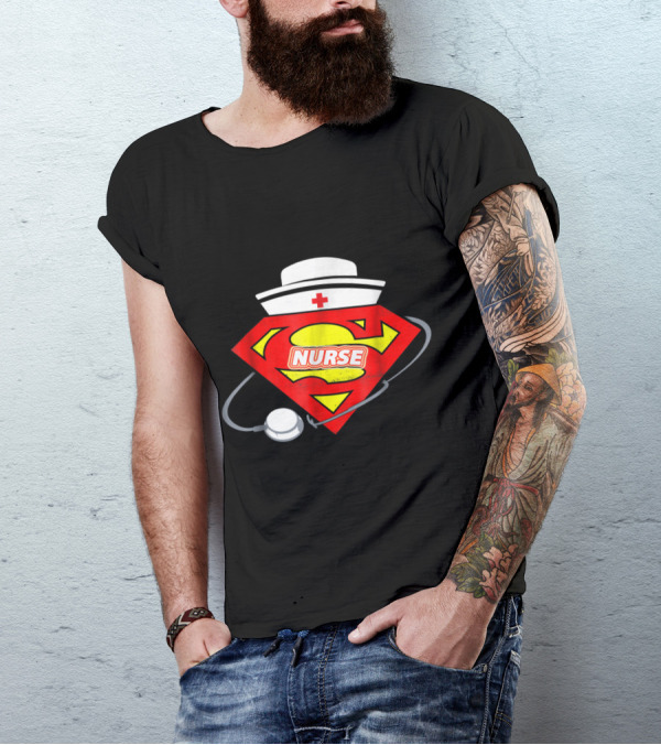 Nurse Superhero Emblem With Nurse Hat And Stethoscope T-Shirt