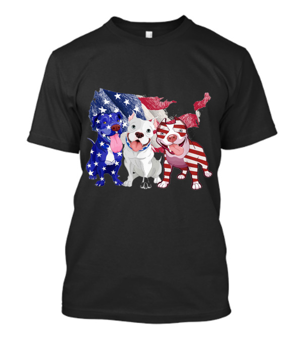 Pitbull Trio With American Flag Colors USA Map Background T-Shirt