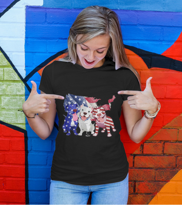 Pitbull Trio With American Flag Colors USA Map Background T-Shirt