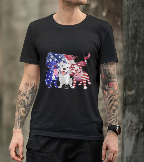 Pitbull Trio With American Flag Colors USA Map Background T-Shirt