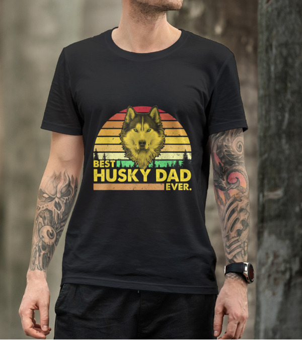 Best Husky Dad Ever Vintage Sunset Forest T-Shirt