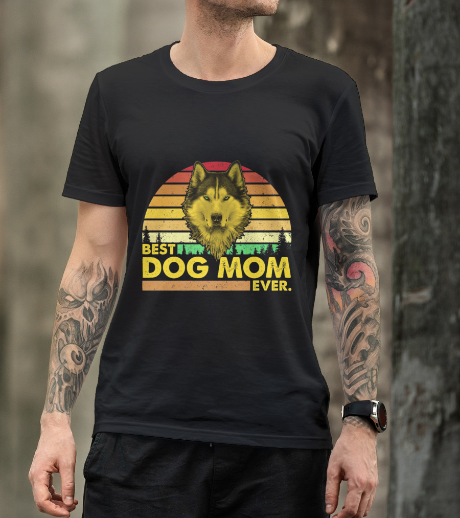 Best Dog Mom Ever Vintage Husky Retro Sunset T-Shirt