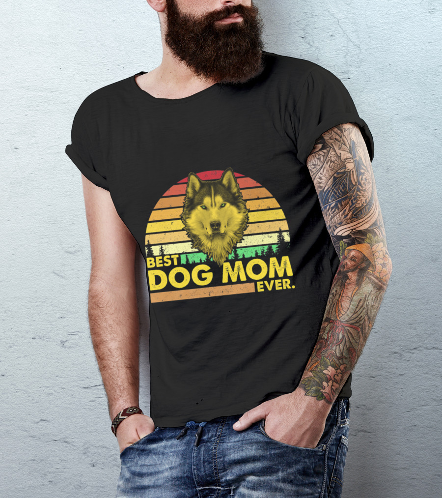 Best Dog Mom Ever Vintage Husky Retro Sunset T-Shirt