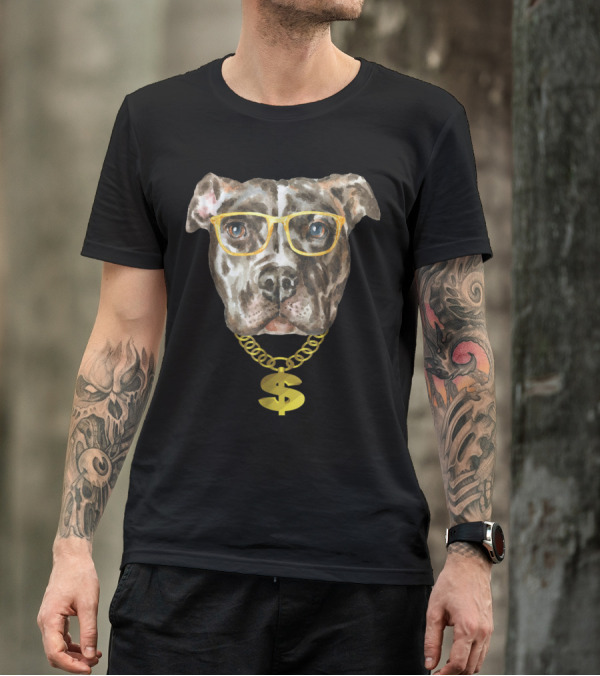 Pitbull With Glasses And Gold Chain Funny Animal Lover T-Shirt