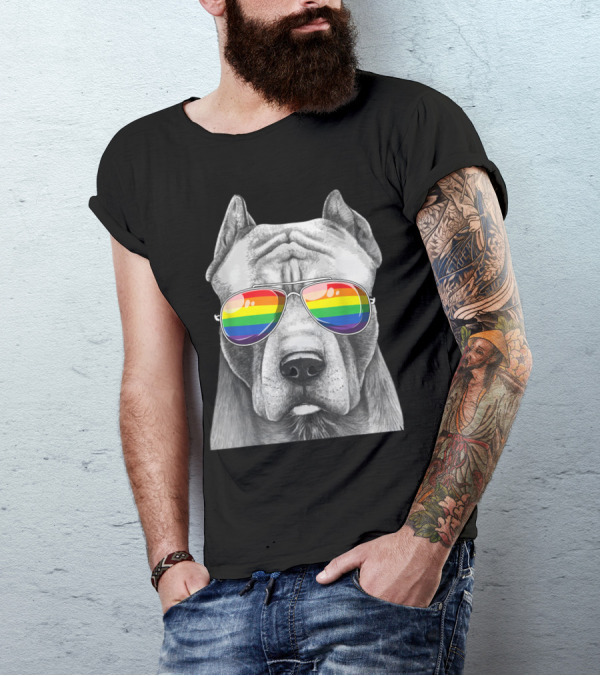Pitbull Wearing Rainbow Pride Flag Sunglasses T-Shirt