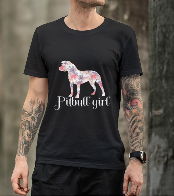 Pitbull Girl Floral Silhouette Art Pitbull T-Shirt