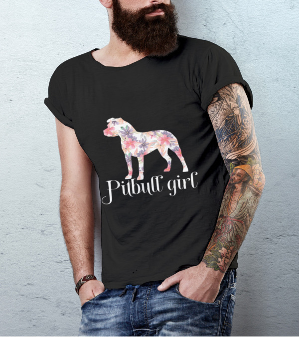 Pitbull Girl Floral Silhouette Art Pitbull T-Shirt