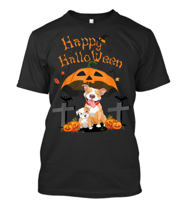 Happy Halloween Pitbulls With Pumpkin And Crosses T-Shirt