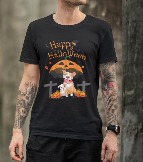 Happy Halloween Pitbulls With Pumpkin And Crosses T-Shirt