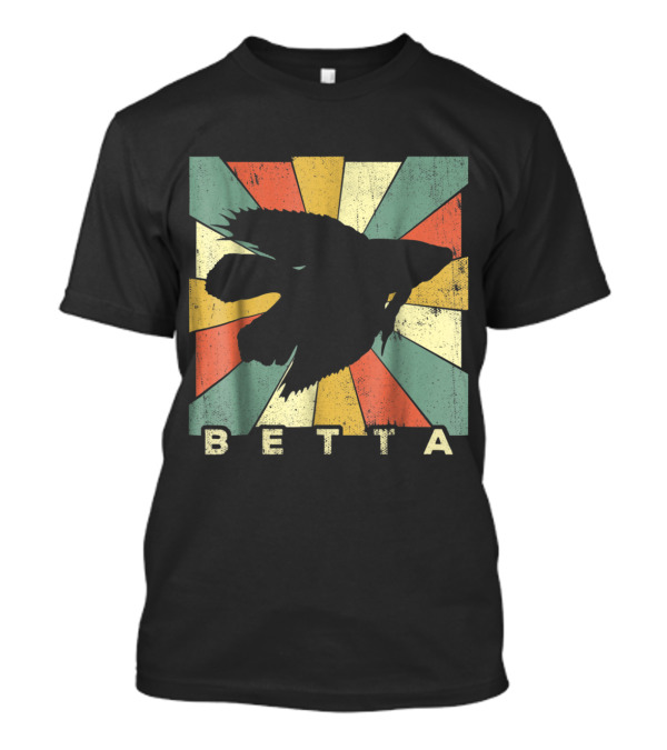 Retro Betta Fish Silhouette On Distressed Multicolor Sunburst Background T-Shirt