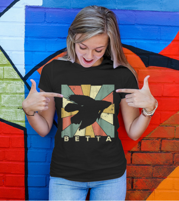 Retro Betta Fish Silhouette On Distressed Multicolor Sunburst Background T-Shirt