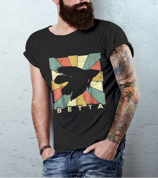 Retro Betta Fish Silhouette On Distressed Multicolor Sunburst Background T-Shirt