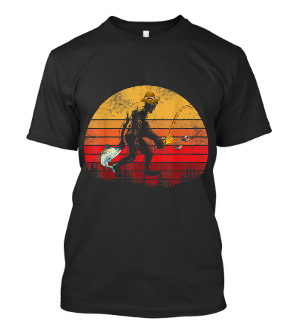 Vintage Bigfoot Fishing Sunset Scene With Hat And Rod T-Shirt