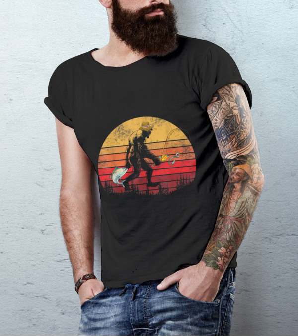 Vintage Bigfoot Fishing Sunset Scene With Hat And Rod T-Shirt