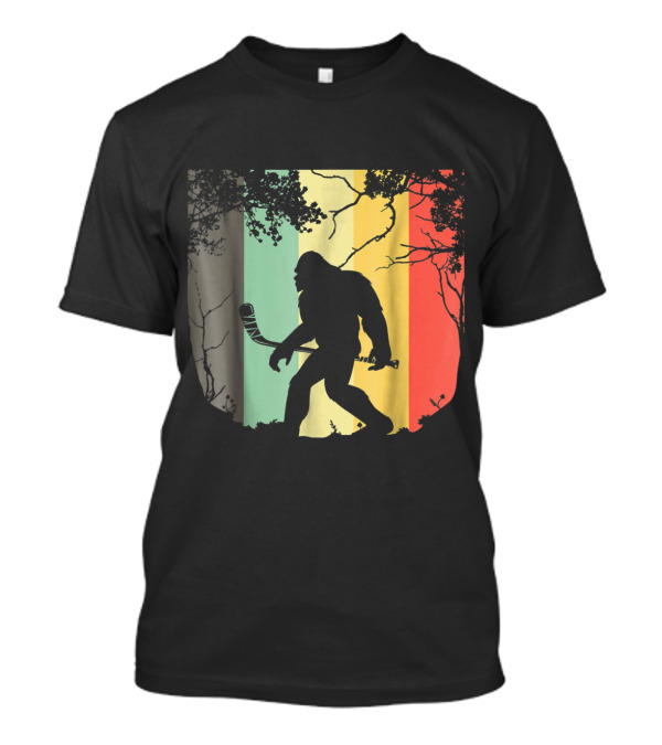 Vintage Bigfoot Hockey Silhouette With Retro Stripes In Forest Setting T-Shirt