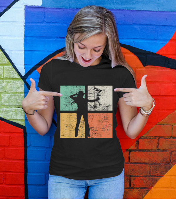 Vintage Bow Hunting Archery Silhouette Retro Style Quadrant Colors T-Shirt
